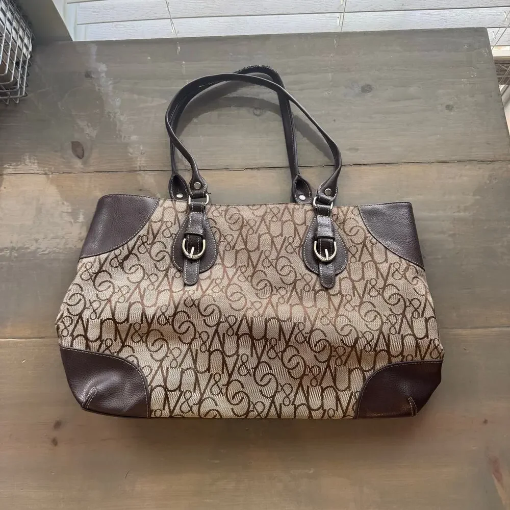 New York & Company Tan Brown Monogram Print Shoulder Tote Bag Purse